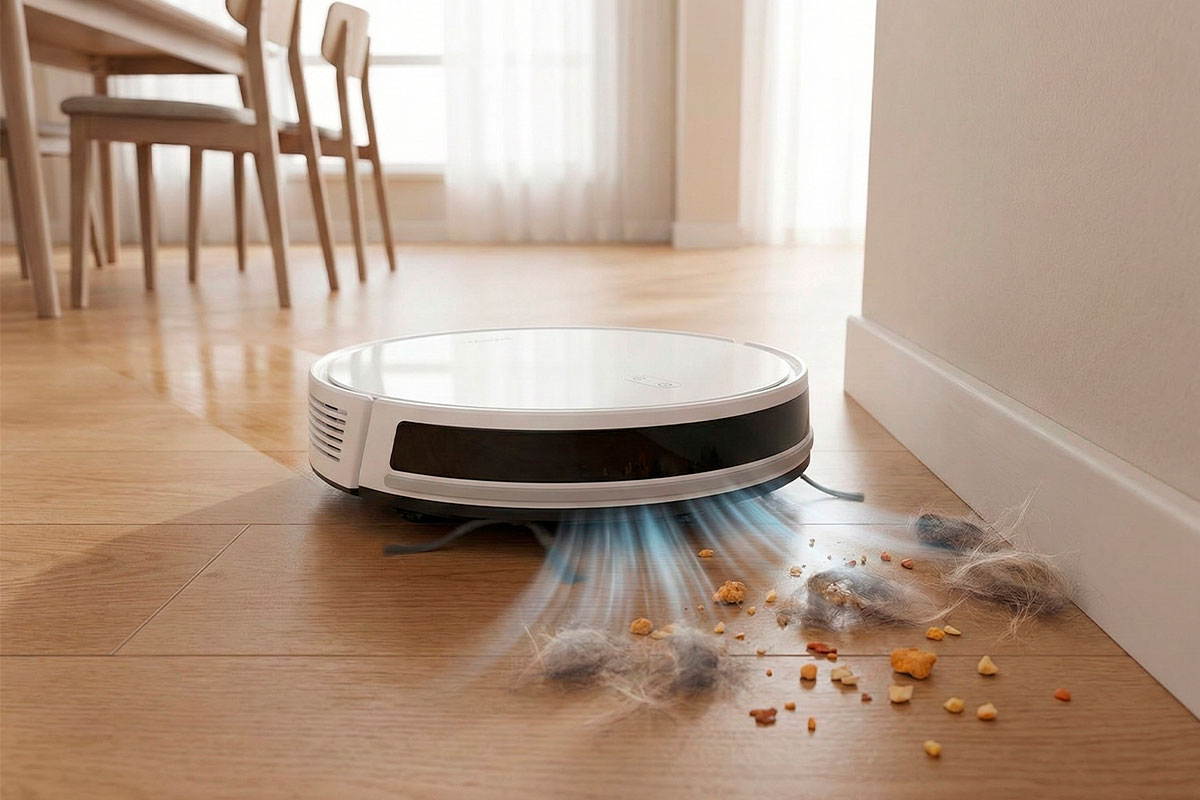 Robot aspirador Dreame Mova E10 aspirando polvo y suciedad difícil con alta potencia
