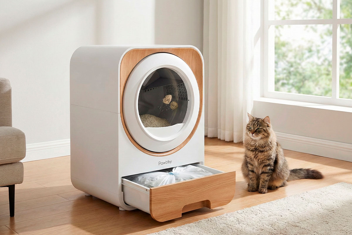 Arenero automático Pawbby diseño moderno y elegante en sala de estar.