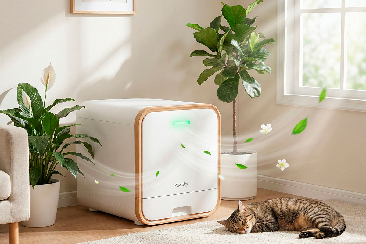 Arenero automático Pawbby cerrado con tecnología de desodorización en hogar limpio.