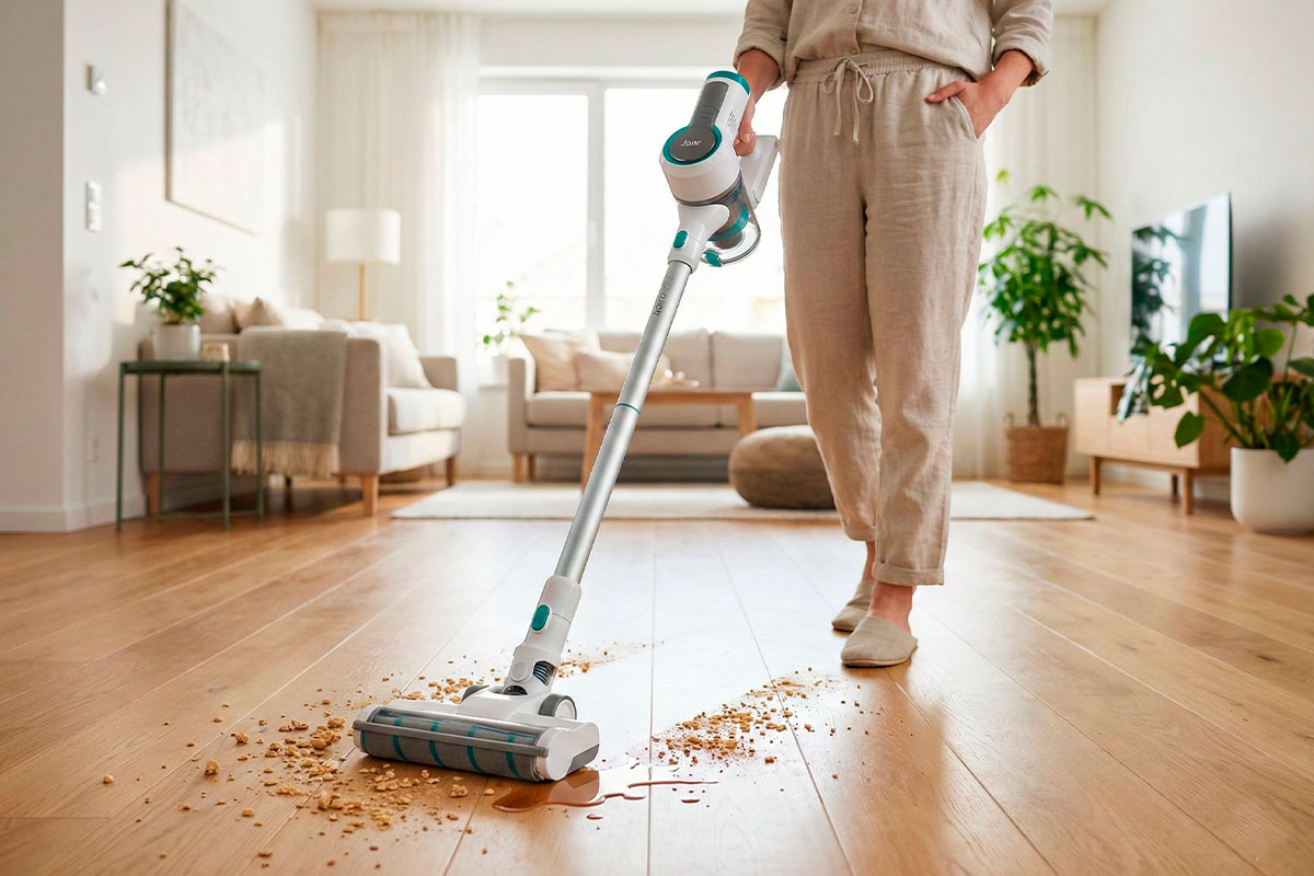 Aspiradora inalámbrica Jonr ED12 limpiando suciedad húmeda y seca simultáneamente en piso de madera.