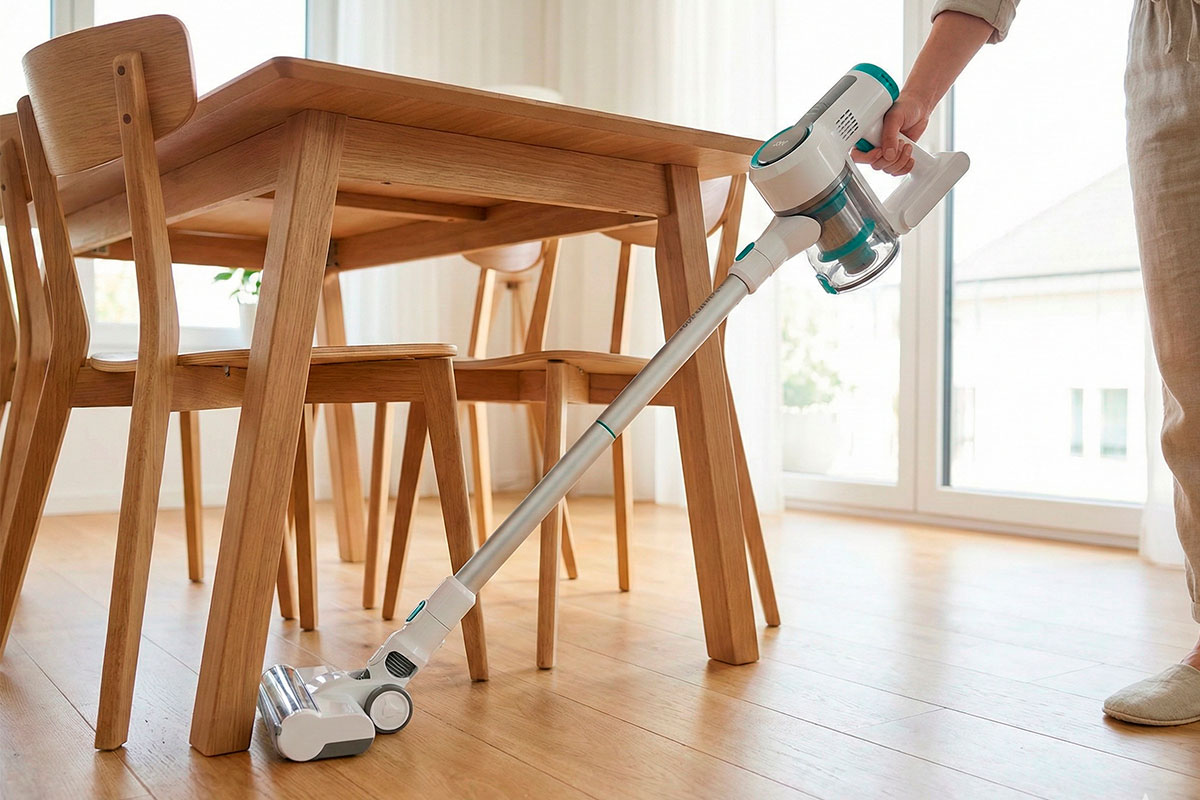 Aspiradora inalámbrica Jonr ED12 maniobrando fácilmente alrededor de patas de sillas y muebles.