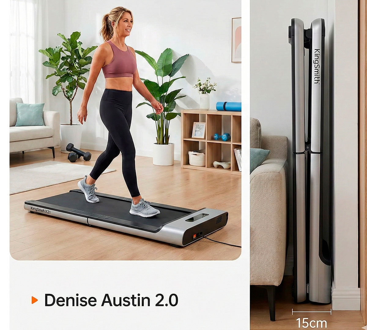 Cinta de correr KingSmith Denise Austin 2.0 con diseño de doble plegado compacta en habitación.