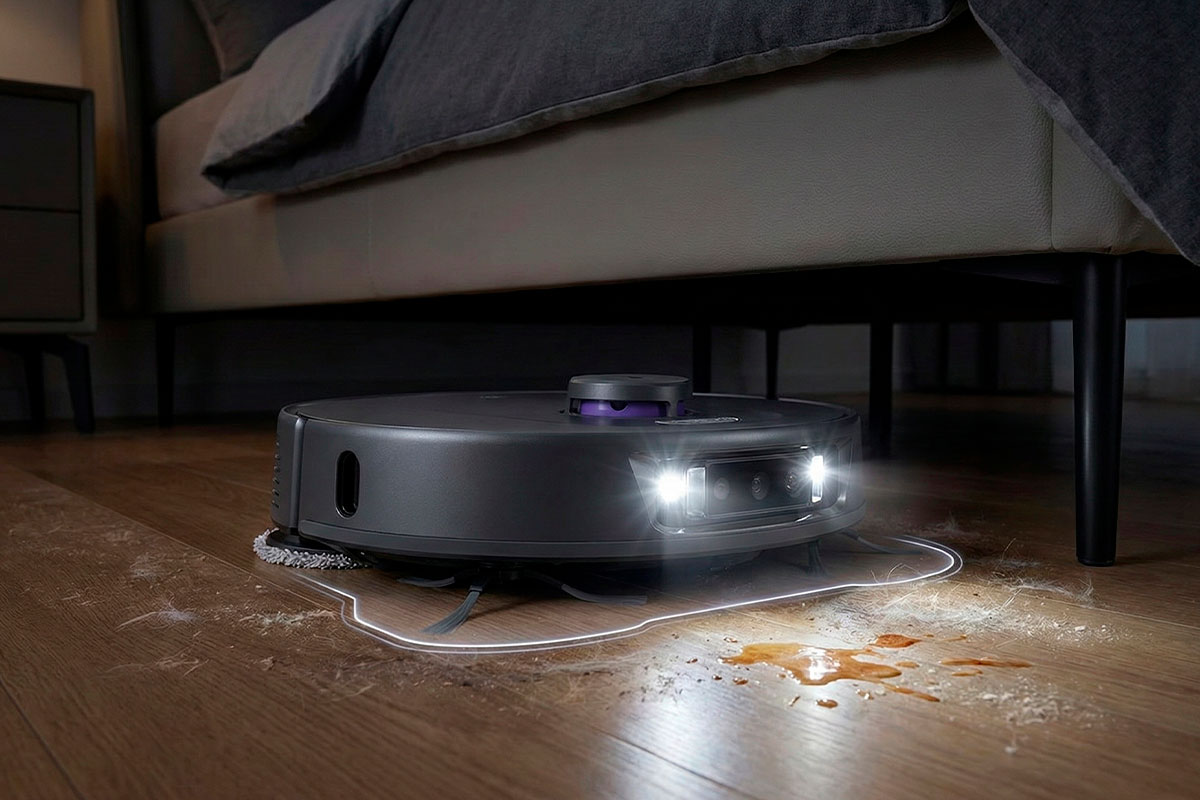 Robot aspirador 3i P10 Ultra detectando suciedad bajo muebles oscuros con luces LED y tecnología DirtScan.