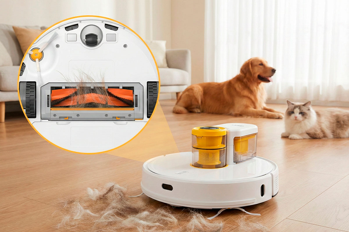 Robot aspirador UBPET V10 blanco recogiendo gran cantidad de pelo de mascota del suelo sin atascarse.