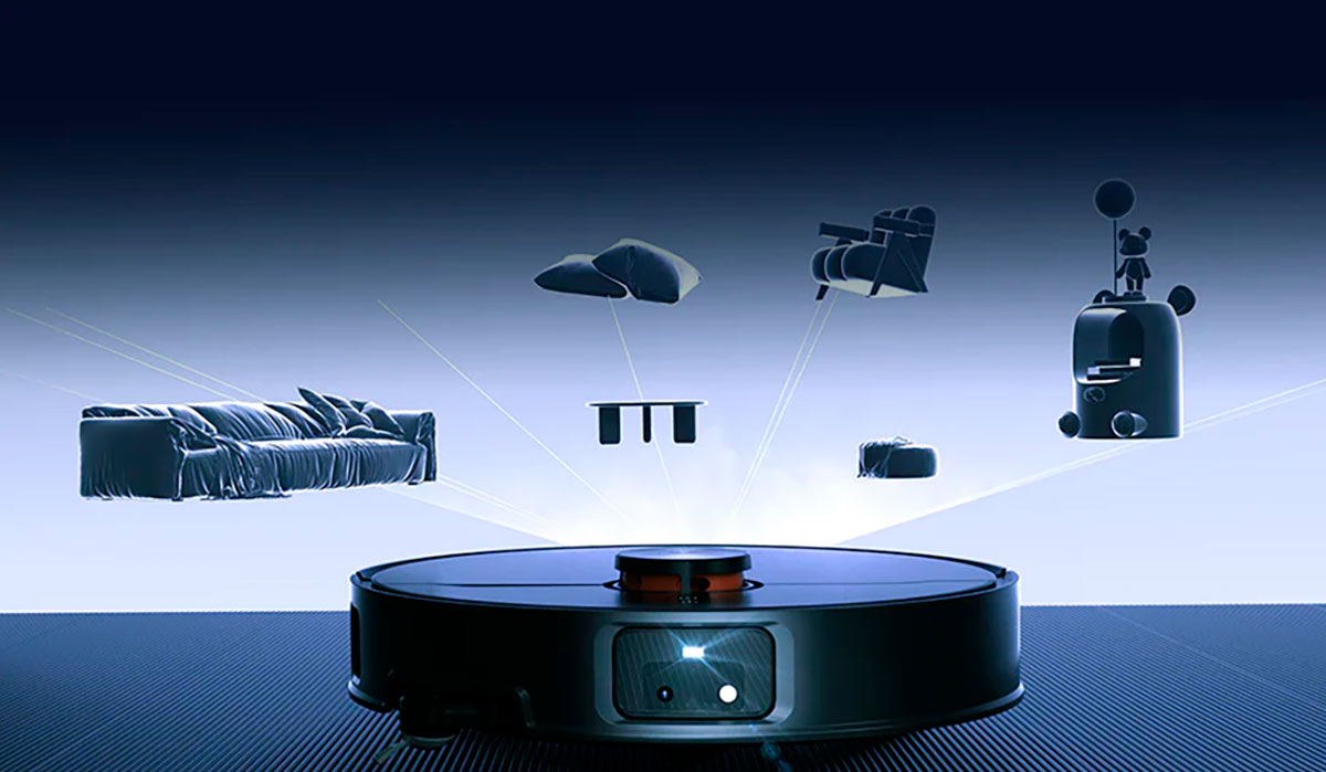 Robot aspiradora y mopa Jonr X1 Max proyectando líneas láser para escanear y mapear muebles flotantes como un sofá, sillón y juguetes, demostrando su sistema de detección de obstáculos.