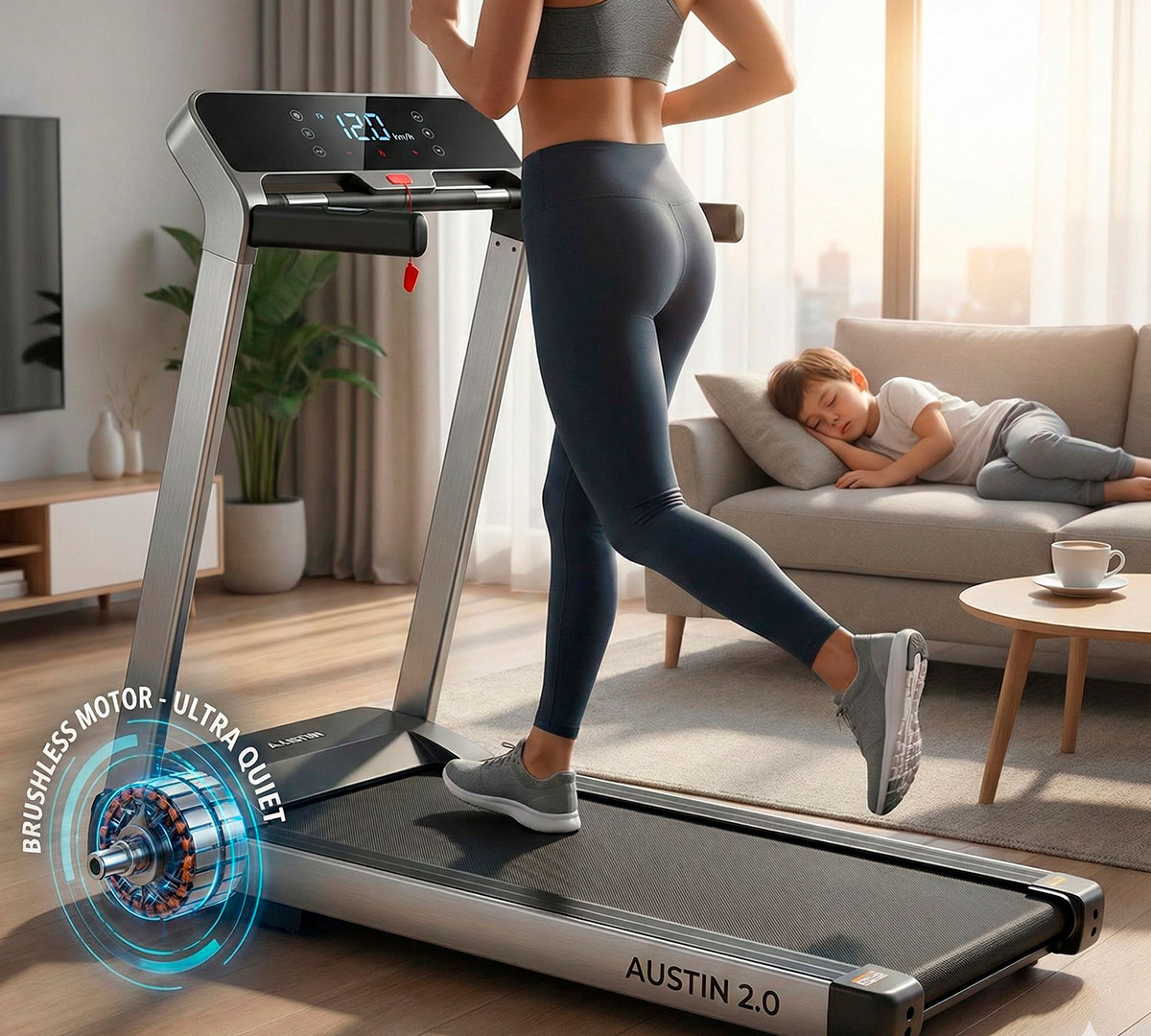 Mujer corriendo en trotadora eléctrica compacta Austin 2.0 ultra silenciosa en sala de estar.