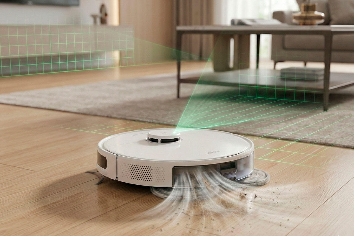 Robot aspiradora con navegación láser LDS y potencia de 4000Pa mapeando rutas eficientes.