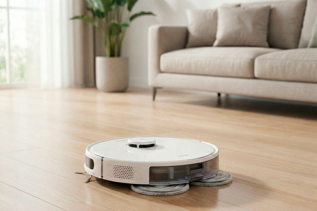 Mejor aspiradora robot con sistema de mopas giratorias fregando el piso activamente.