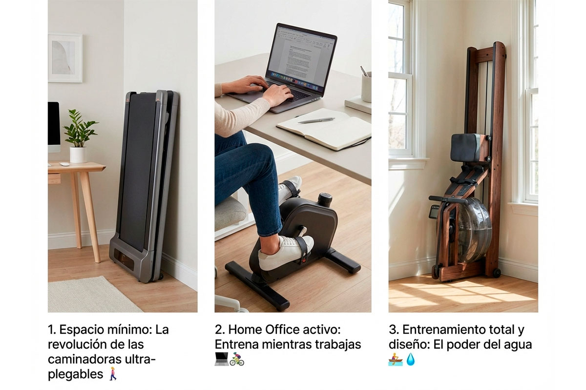 Equipos de gimnasio en casa limpios y bien cuidados en un espacio de trabajo moderno.