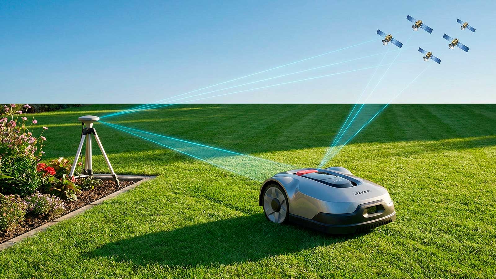 Robot cortacésped Ubhome M10 usando navegación satelital RTK y estación base para funcionar sin cables perimetrales.