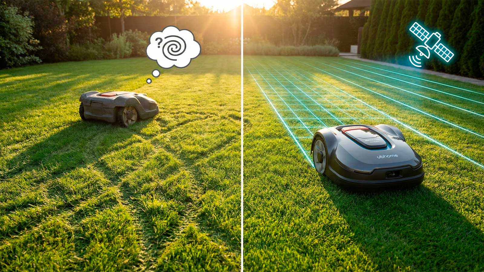Robot corta pasto automático antiguo con movimiento aleatorio vs Ubhome M10 con corte recto satelital