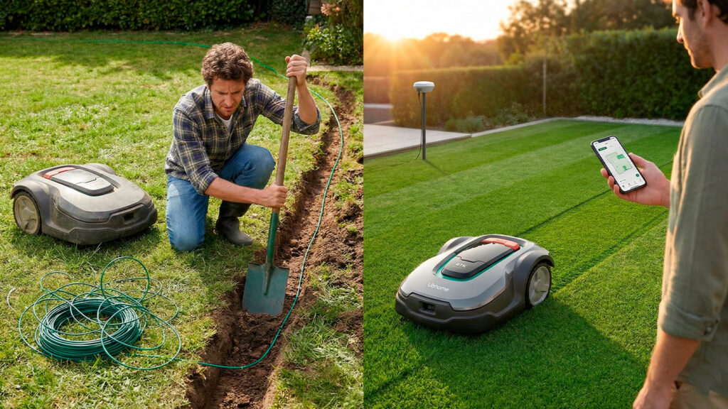 Imagen dividida mostrando la difícil instalación de cable perimetral a la izquierda frente a un robot cortacésped RTK Ubhome sin cables cortando en líneas rectas a la derecha.