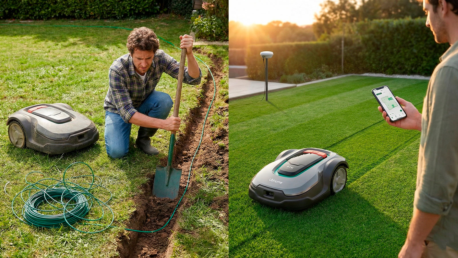 Imagen dividida mostrando la difícil instalación de cable perimetral a la izquierda frente a un robot cortacésped RTK Ubhome sin cables cortando en líneas rectas a la derecha. Imagen dividida mostrando la difícil instalación de cable perimetral a la izquierda frente a un robot cortacésped RTK Ubhome sin cables cortando en líneas rectas a la derecha.