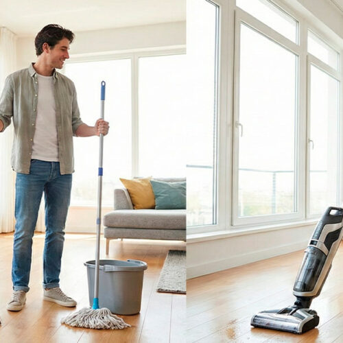 Comparativa de limpieza tradicional con mopa versus aspiradora vertical inalámbrica mojado y seco en piso de madera