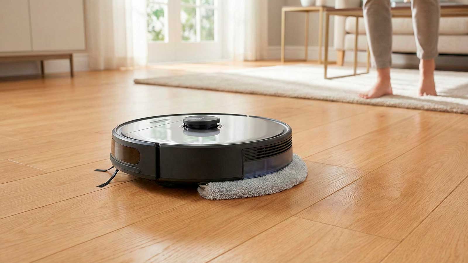 Moderna aspiradora robot para piso flotante trapeando suavemente una superficie de madera, demostrando seguridad contra rayones. Moderna aspiradora robot para piso flotante trapeando suavemente una superficie de madera, demostrando seguridad contra rayones.