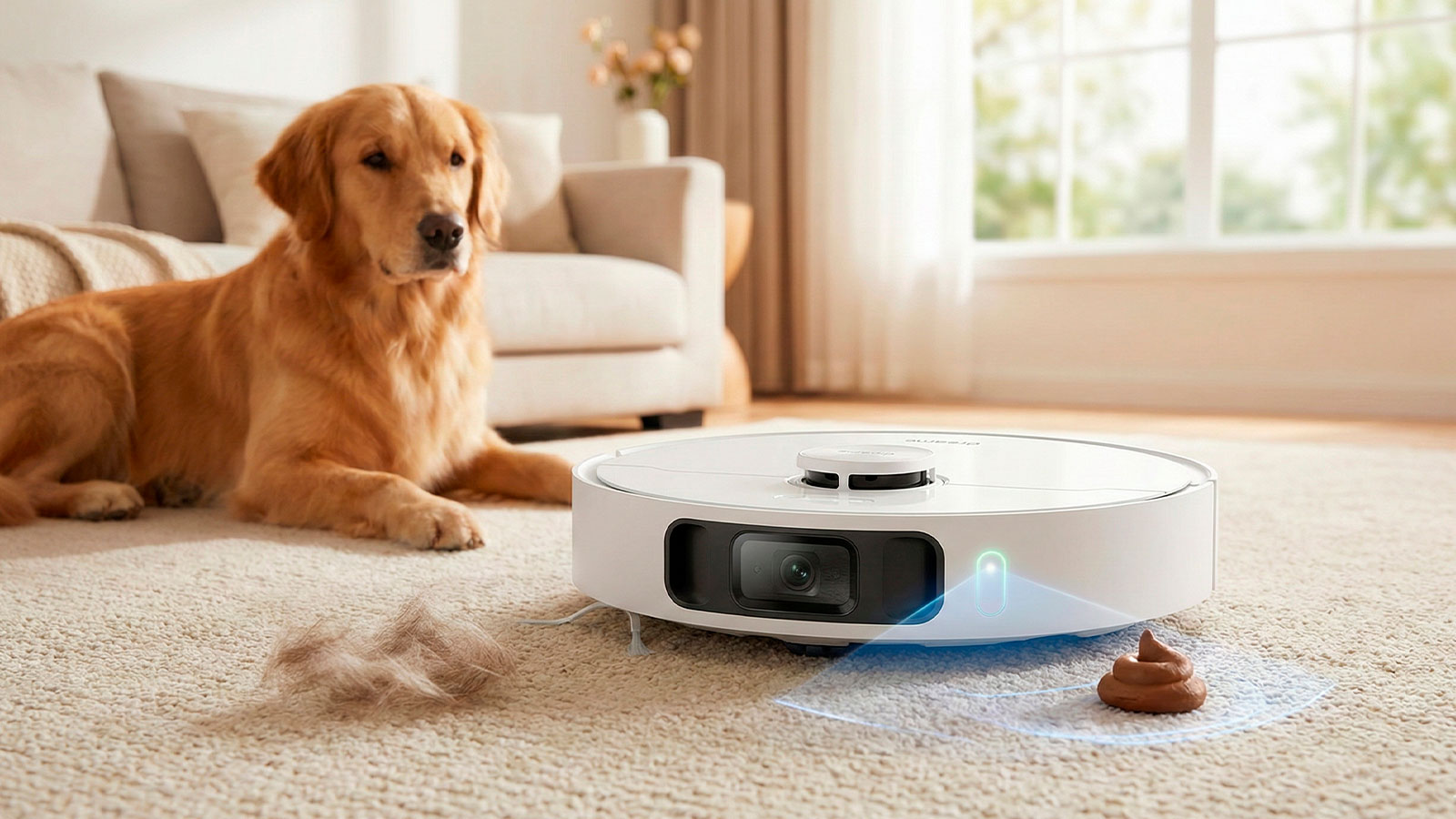 Aspiradora robot para mascotas detectando y esquivando desechos y pelos con IA