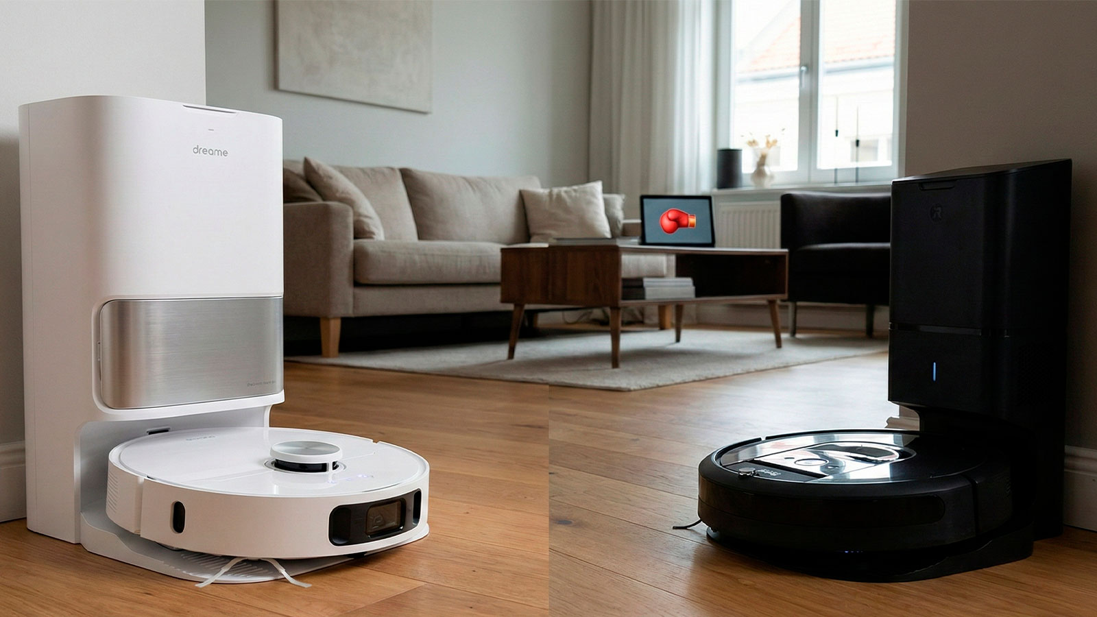 Robots aspiradores Dreame, Roomba y Xiaomi enfrentados en una sala de estar para prueba de limpieza
