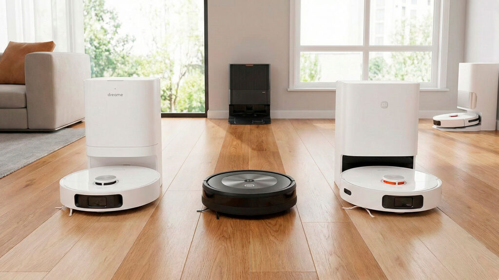 Tres robots aspiradores alineados en el suelo: Dreame, Roomba y Xiaomi listos para prueba de limpieza