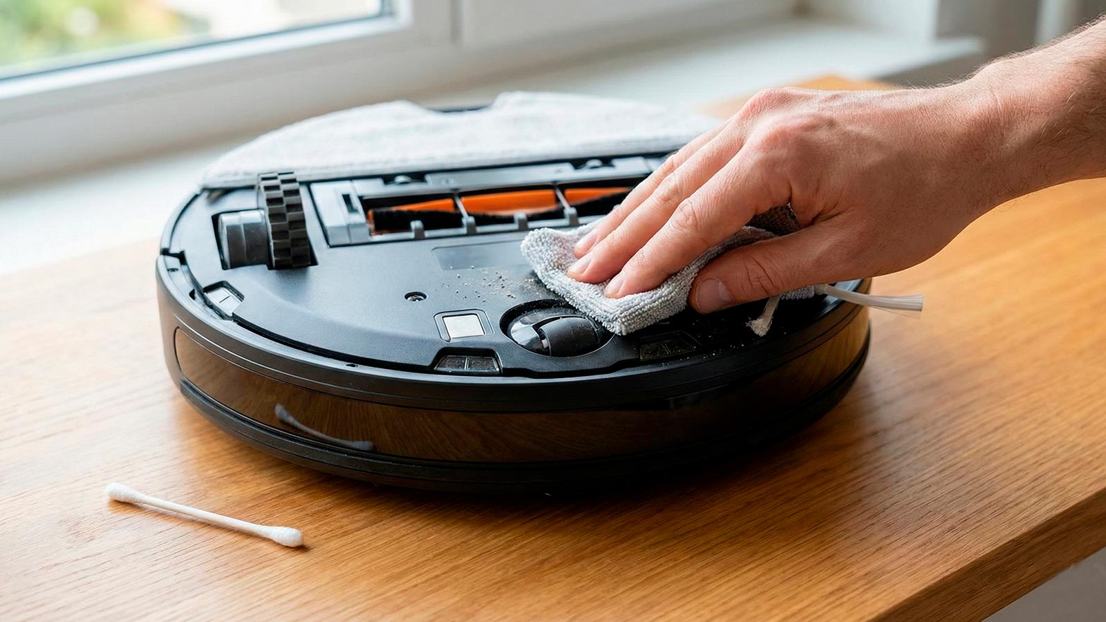 Mano limpiando suavemente los sensores de la aspiradora robot con un paño de microfibra seco, demostrando la técnica correcta