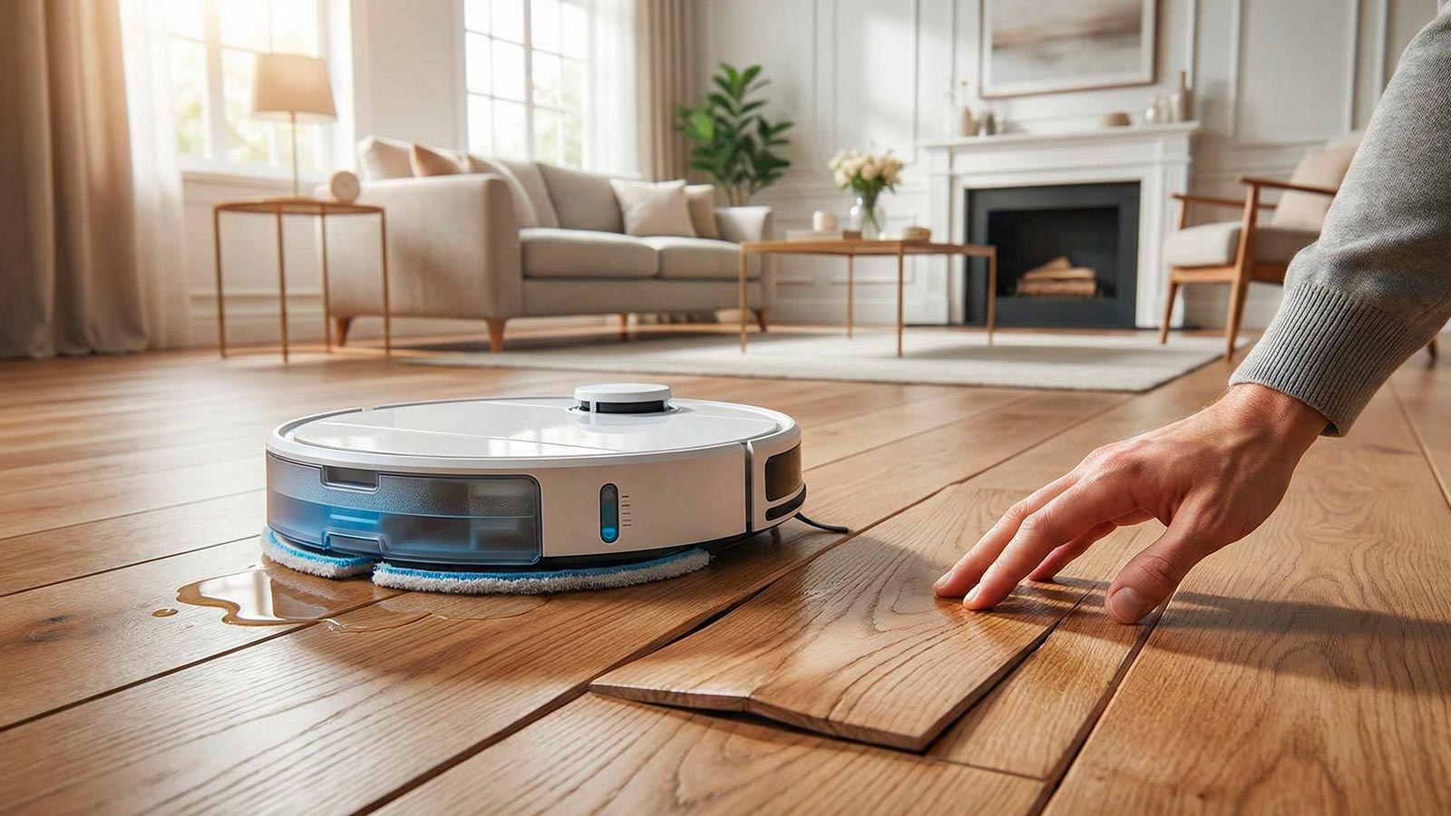 Piso flotante laminado con uniones infladas y dañadas por el charco de agua de un robot aspirador antiguo.