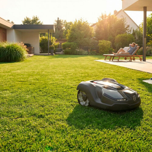 Robot cortacésped automático en un jardín soleado con una persona relajada.