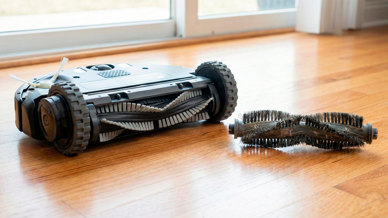 Robot aspirador moderno con rodillo de goma anti-rayones comparado con un cepillo viejo de cerdas duras que pueden rayar el piso de madera.
