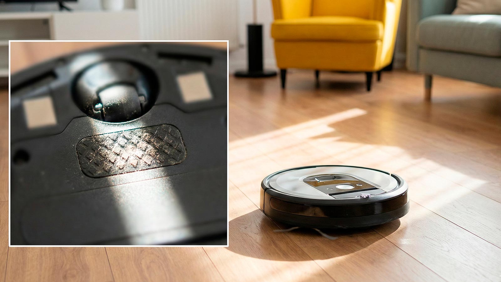 Detalle de un sensor infrarrojo cubierto de polvo, la principal causa de por qué una aspiradora robot gira en círculos sin sentido.