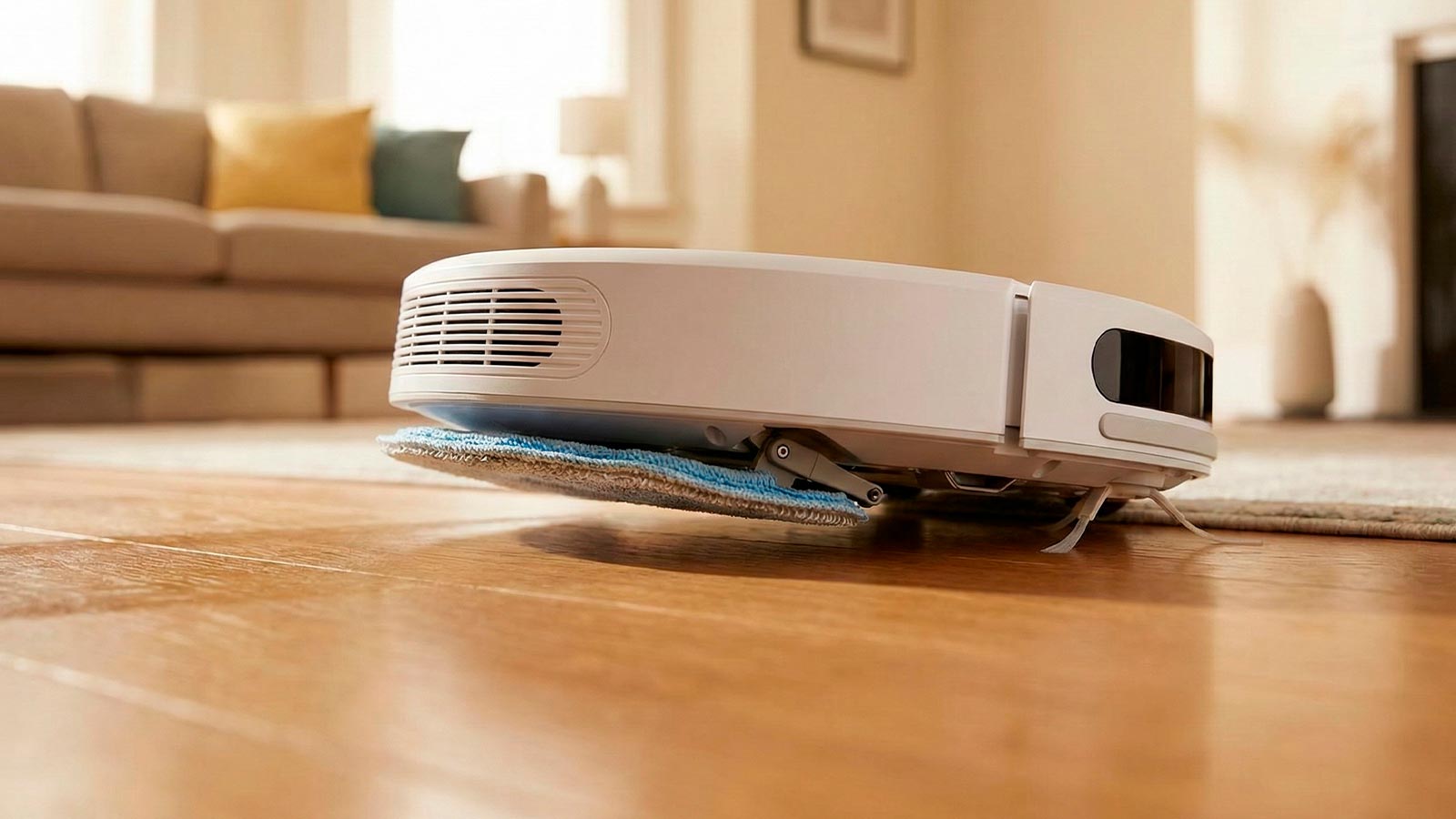 Robot aspiradora elevando automáticamente su mopa húmeda (Auto-Lifting) para proteger el piso de madera.