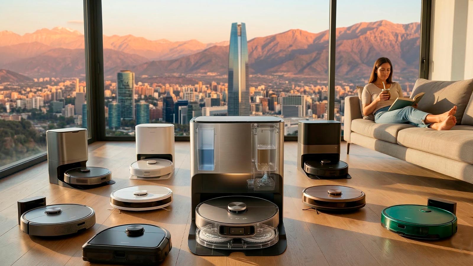 Diversos modelos de robot aspiradora y trapeadora Dreame y Jonr en un departamento de Santiago con vista a la Gran Torre y la cordillera.