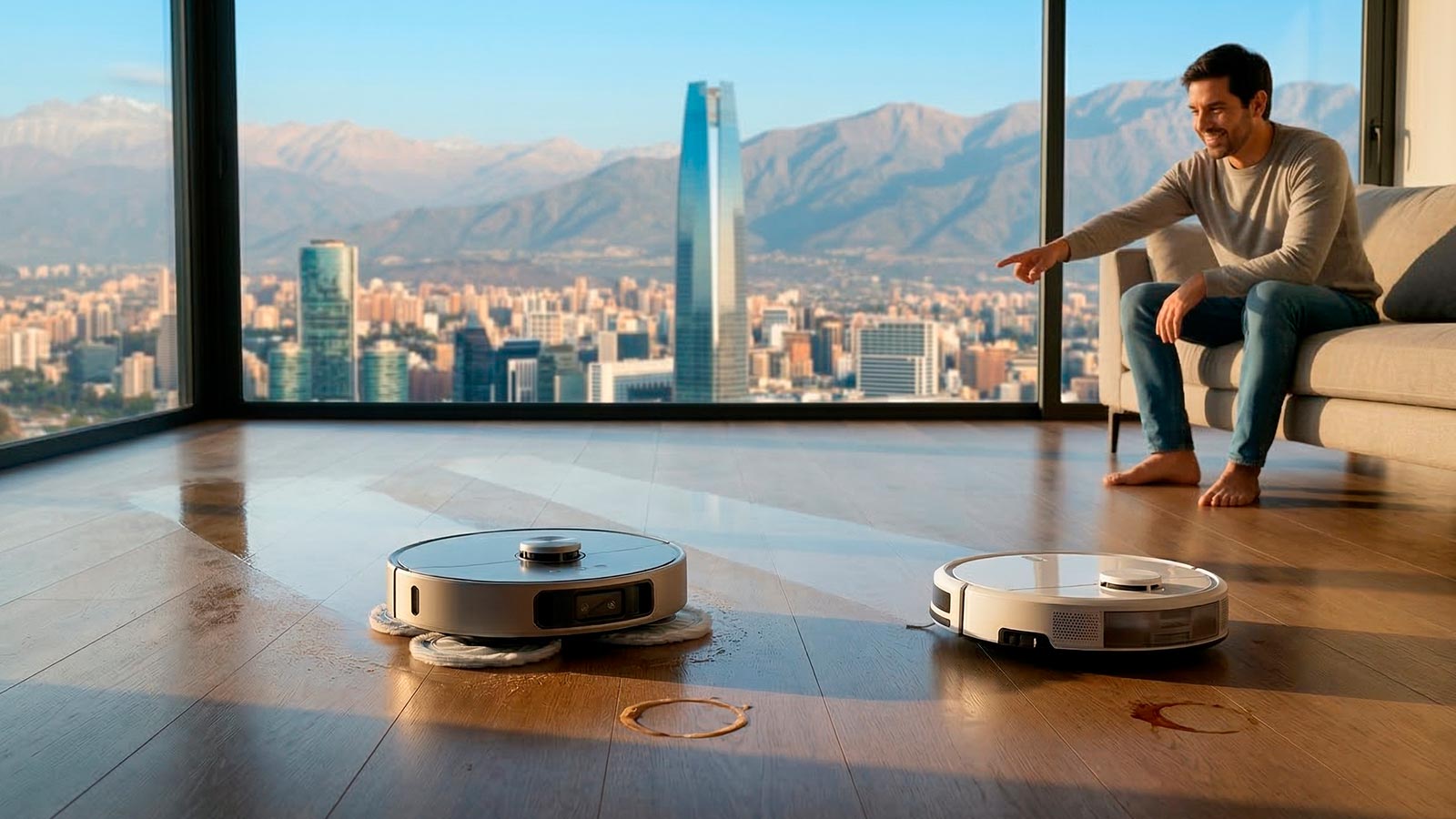 Comparativa entre un robot aspirador tradicional y una robot trapeadora avanzada con mopas giratorias eliminando manchas de café en un departamento de Santiago