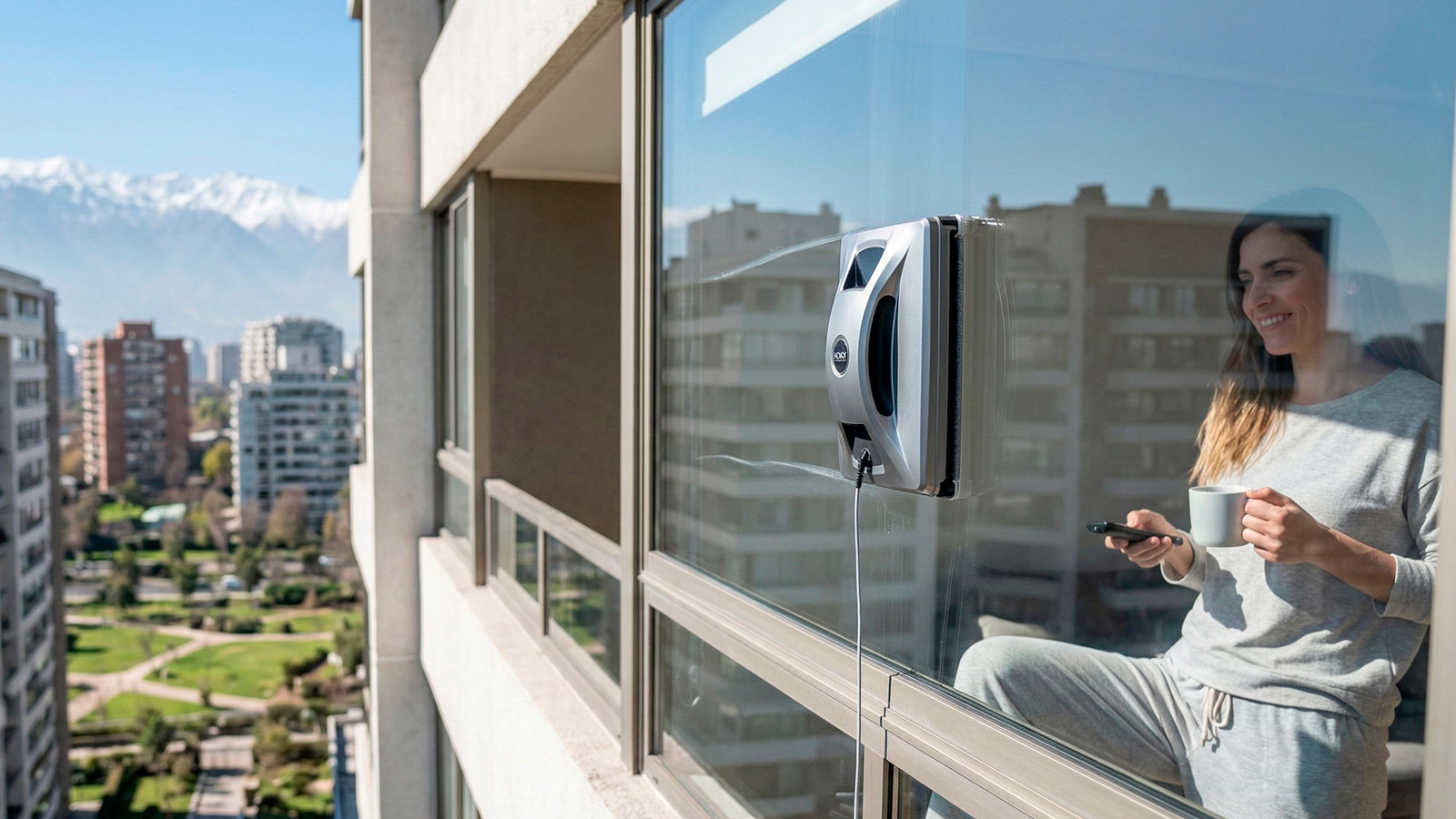Robot limpiavidrios automático limpiando el exterior de un ventanal en un departamento de gran altura.