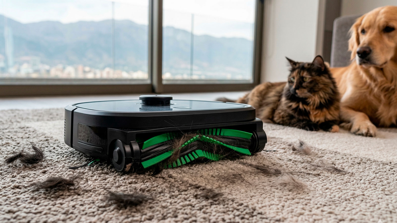 Robot aspirador de alta succión con rodillos anti-enredos limpiando pelos de perro y gato sobre una alfombra gris de textura densa