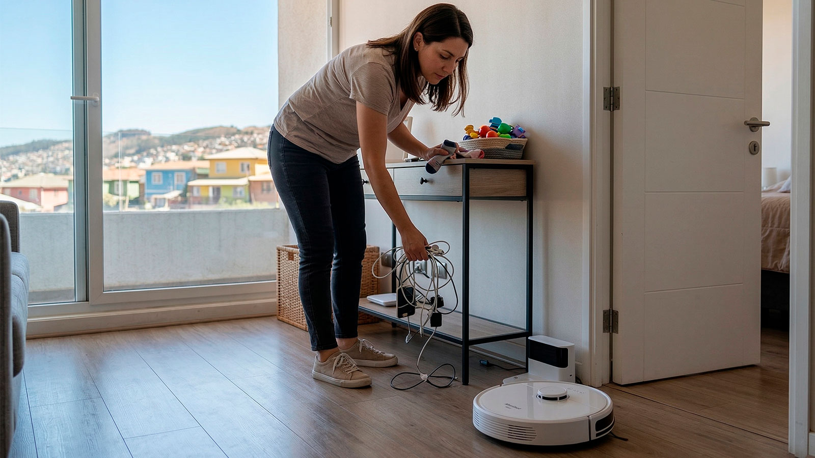 Una mujer arrodillada en una sala de estar en Santiago, Chile, recogiendo cables sueltos del suelo cerca de un mueble de TV para preparar el área para su robot aspirador blanco Mamibot Mola que está en su base de carga.