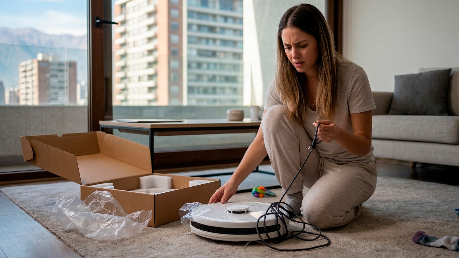 Mujer joven con expresión de frustración arrodillada en la sala de estar mientras sostiene un cable de cargador enredado en su nuevo robot aspirador blanco. La caja abierta y el plástico protector están a su lado. Mujer joven con expresión de frustración arrodillada en la sala de estar mientras sostiene un cable de cargador enredado en su nuevo robot aspirador blanco. La caja abierta y el plástico protector están a su lado.