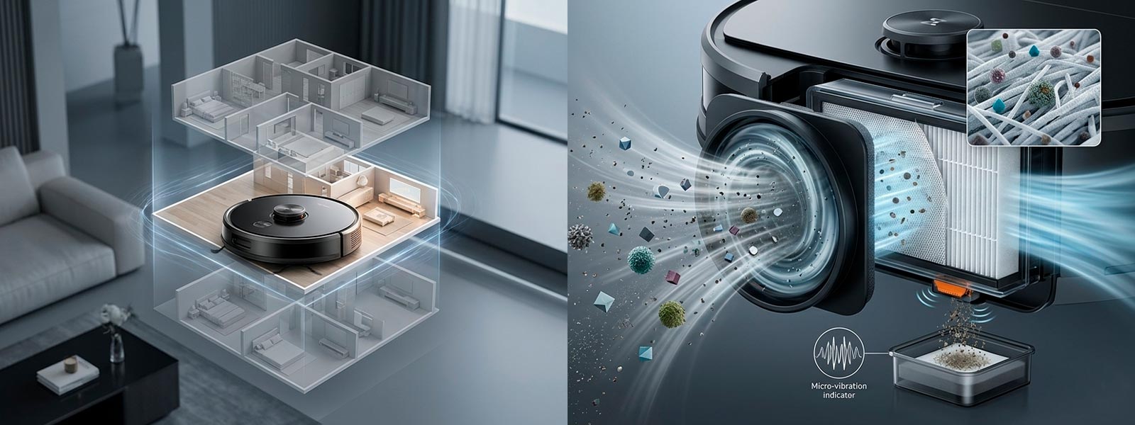 Robot de limpieza inteligente realizando mapeo multinivel en 3D de una casa y detalle técnico de su sistema de filtrado de alta eficiencia para la reducción de alérgenos.
