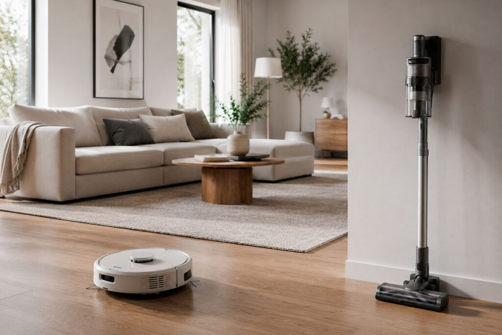 Robot aspirador realizando la limpieza diaria en un hogar moderno.