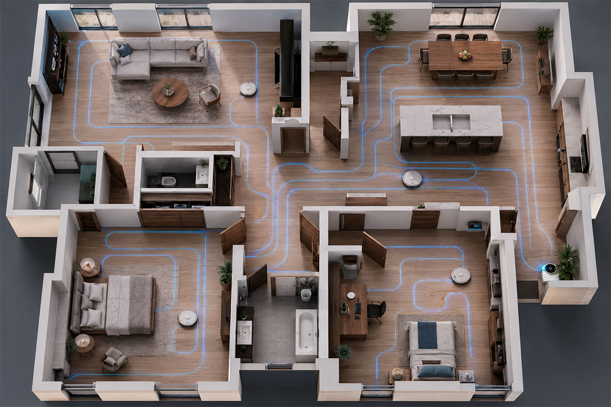 Robot aspirador limpiando una casa grande con navegación inteligente
