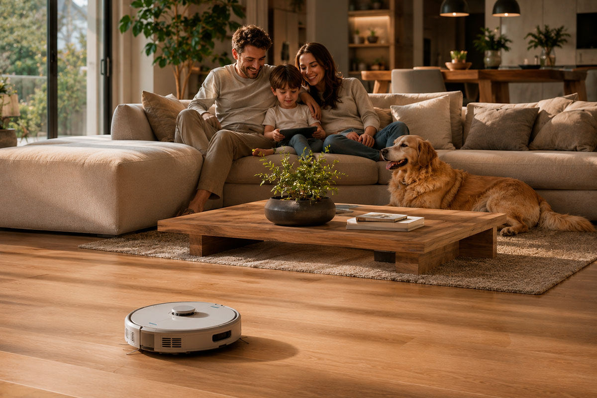 Robot aspirador limpiando automáticamente una casa con mascotas.