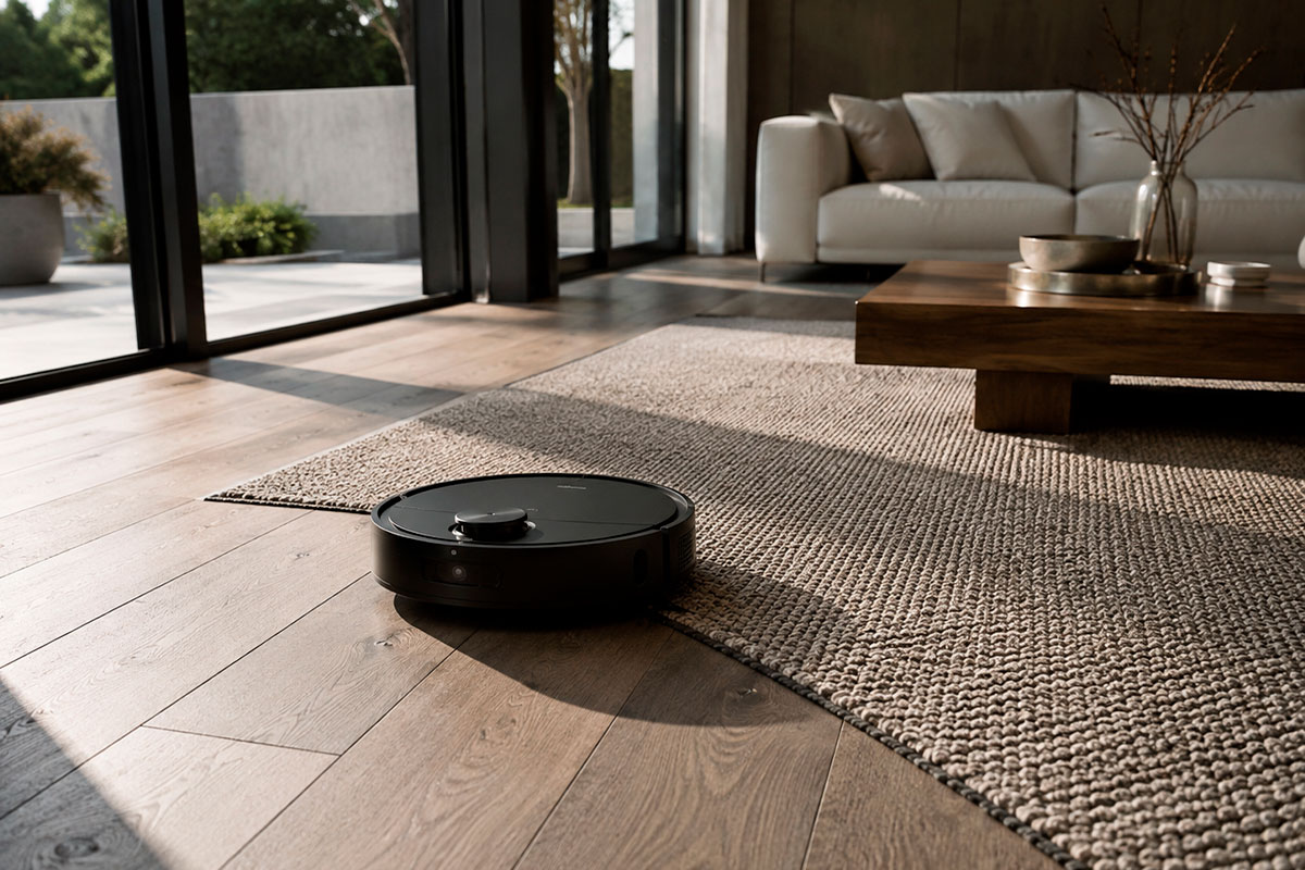Robot aspirador inteligente configurando zonas prohibidas y zonas sin fregado en una vivienda moderna