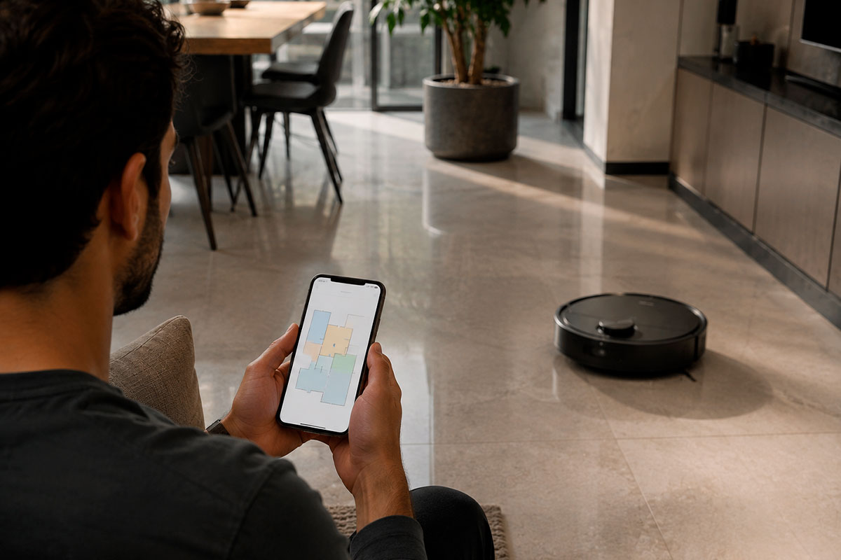 Persona configurando el mapa de un robot aspirador desde una aplicación móvil antes de crear zonas restringidas