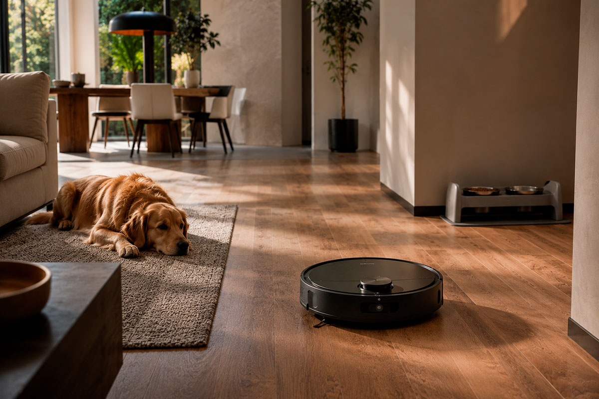 Robot aspirador inteligente limpiando una vivienda con mascotas y zona de alimentación restringida