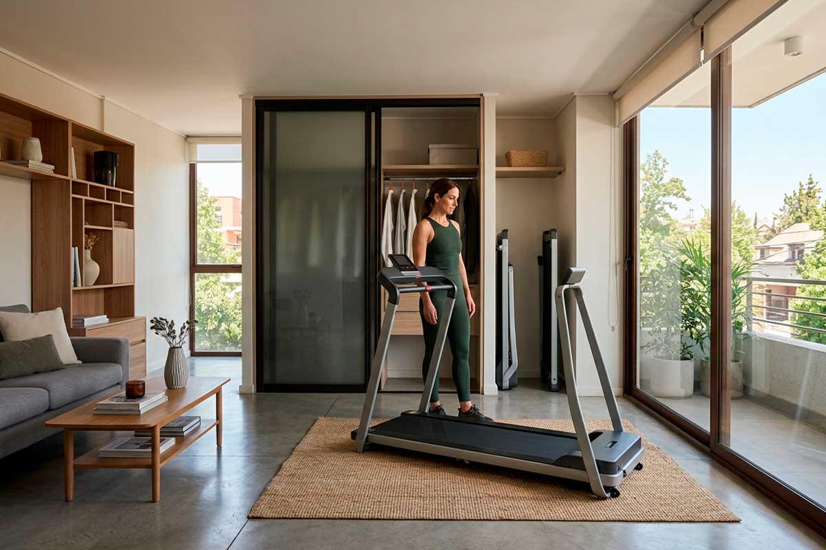 Caminadora plegable en un departamento pequeño mostrando el espacio necesario para entrenar y guardarla