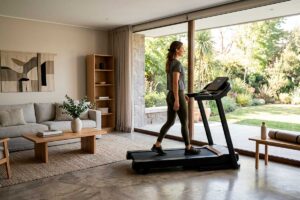 Persona entrenando en casa con una caminadora plegable en un espacio residencial moderno