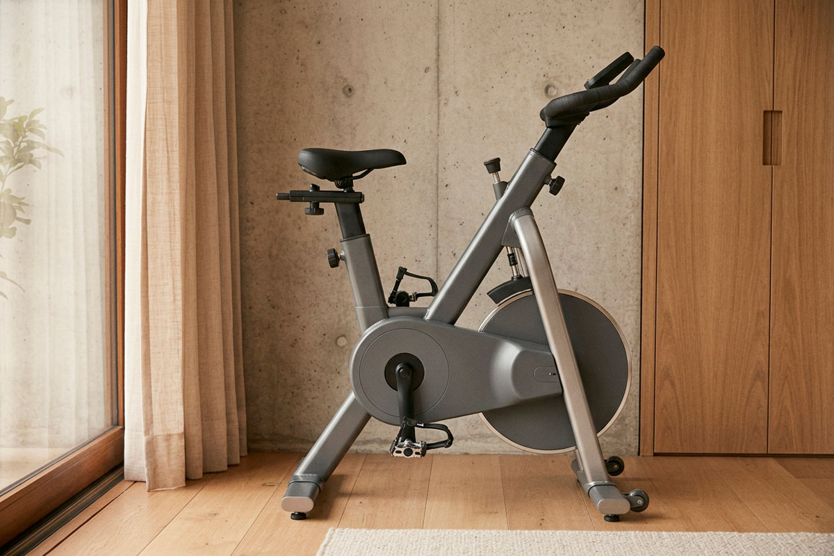 Detalle de bicicleta estática plegable mostrando asiento ajustable, pedales y estructura estable