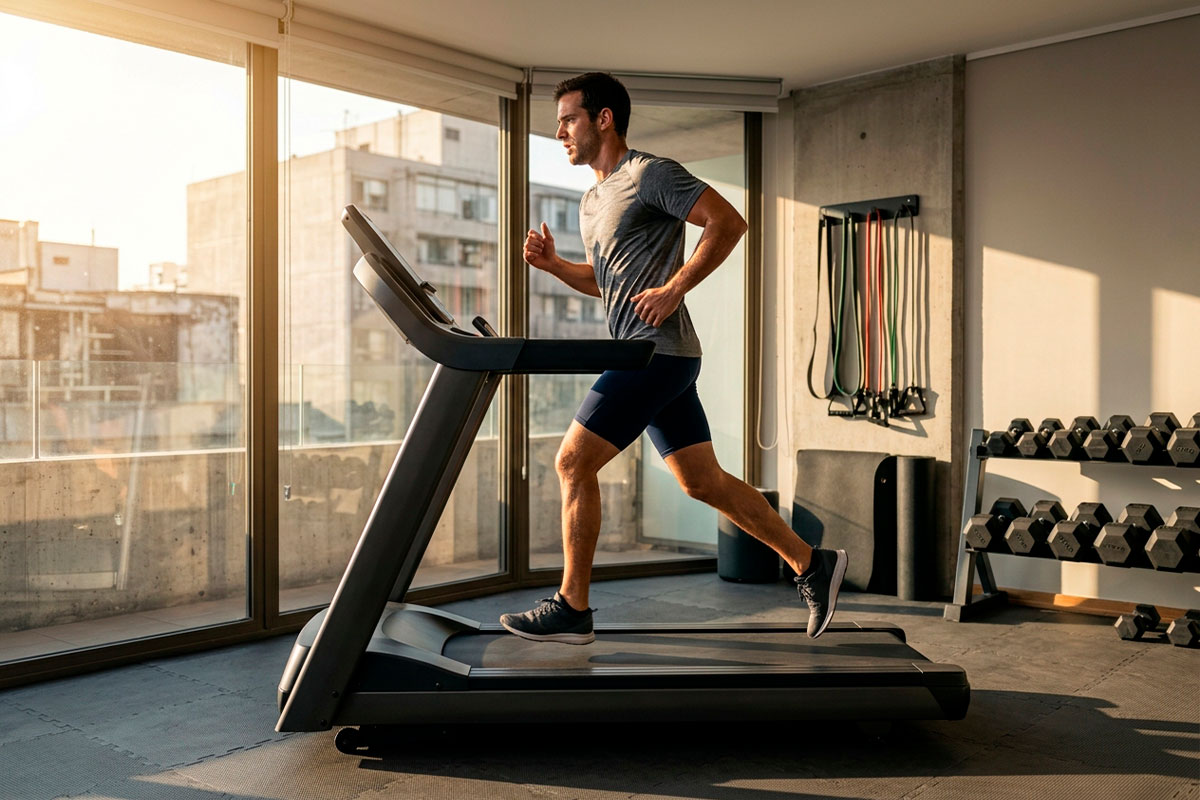 Persona realizando un entrenamiento intenso en una caminadora para ejercicio en casa