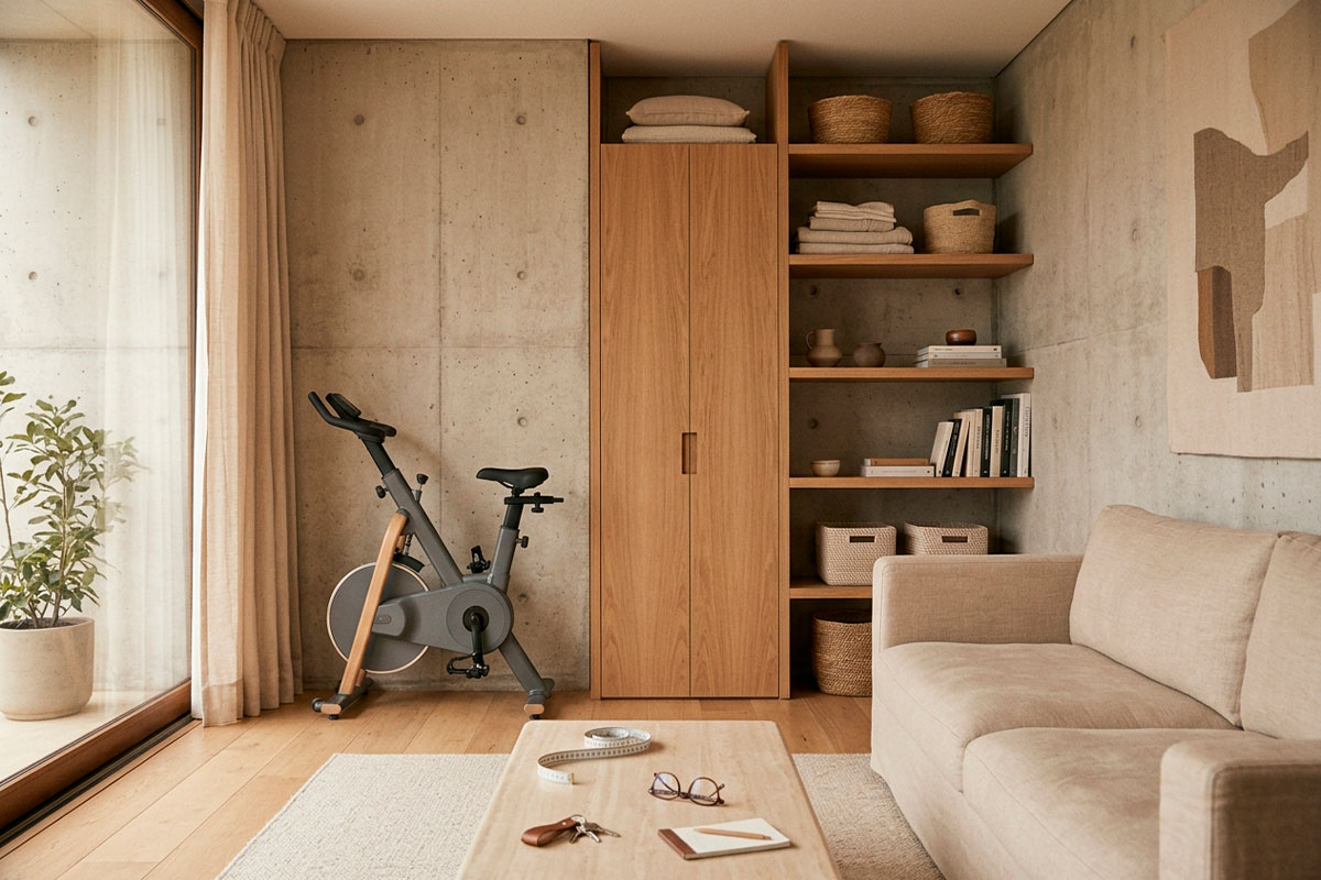 Bicicleta estática plegable ubicada en un espacio reducido junto a una zona de almacenamiento