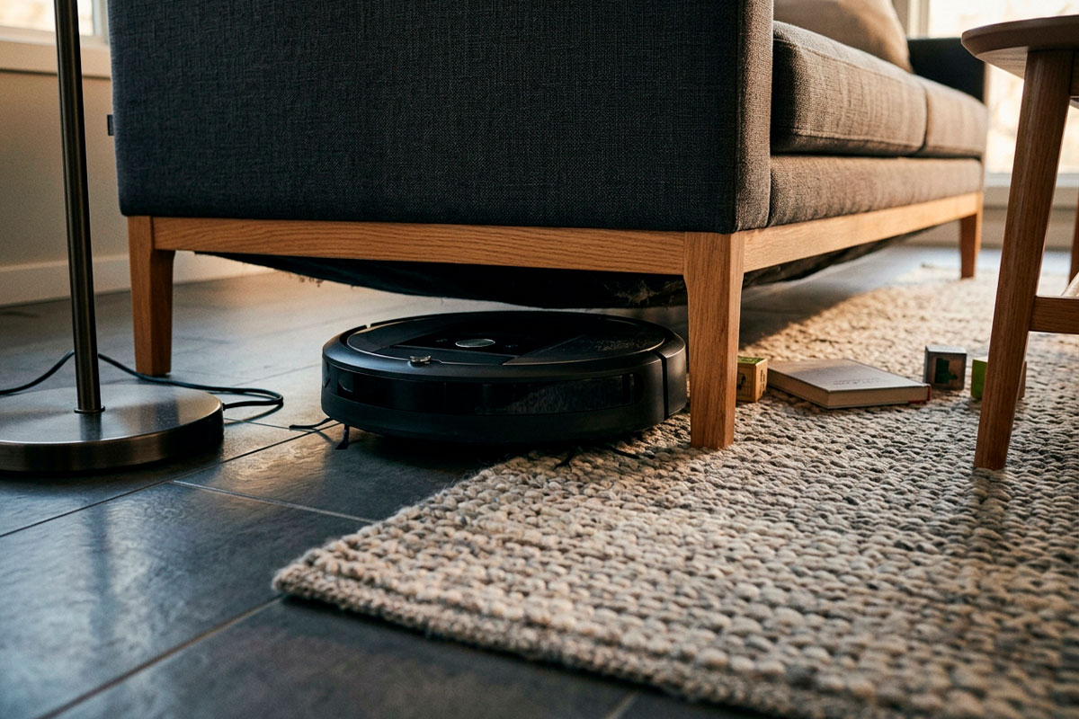 Robot aspirador pasando debajo de un sofá y rodeando muebles durante la limpieza del hogar