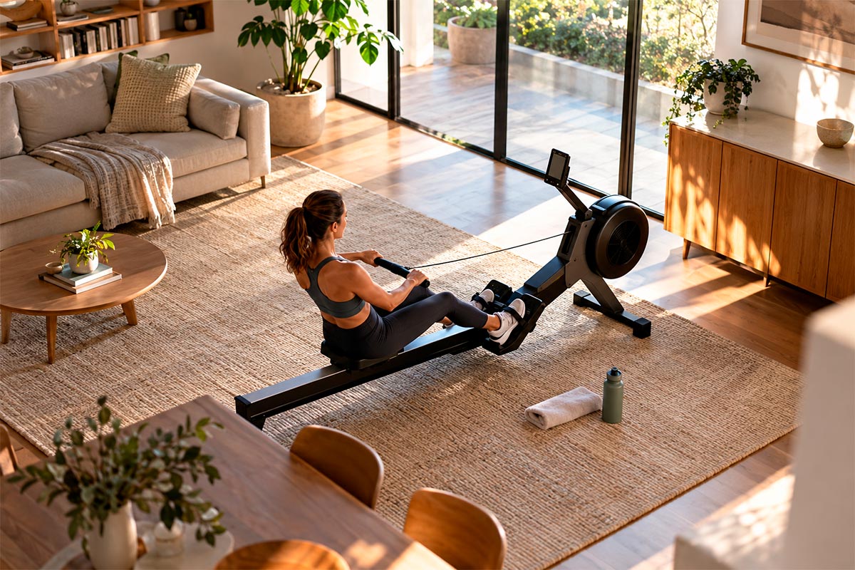Mujer realizando entrenamiento con una máquina de remo indoor
