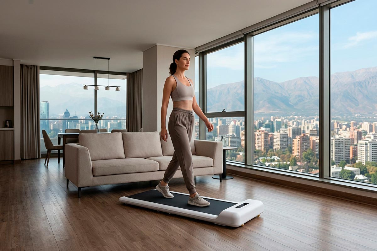 KingSmith WalkingPad C2 utilizada como caminadora plegable en un departamento moderno