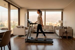 Persona utilizando una caminadora plegable para caminar en casa